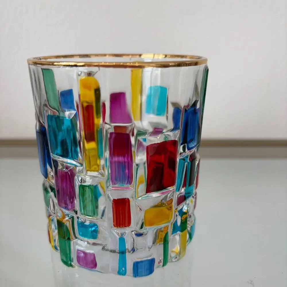 Hand Painted Italian Murano Crystal Whiskey Glasses 2pc 10oz Colorful Mosaic